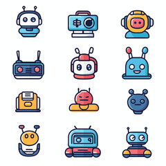 Poster - Nine Colorful Vector Robot Icons Set, Isolated on White Background