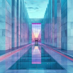 Poster - A modern structure features tall stone walls and reflective pools creating a striking visual at sunset. The gradient colors enhance the serene atmosphere of the location.