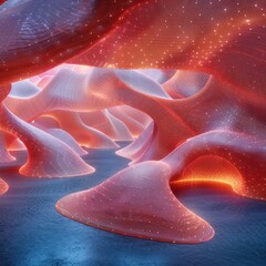 Poster - Glowing undulating shapes create a surreal landscape in a cavern filled with vibrant colors and subtle lighting. The atmosphere suggests a fantastical realm bathed in twilight hues.