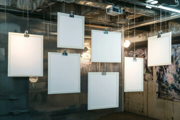 Poster - Modern art display with white frames hanging on wire in industrial setting