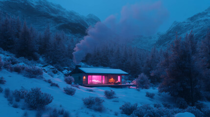 Poster - Cozy cabin with snow and mountain landscape at dusk for winter retreat design