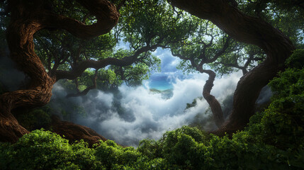 Poster - Enchanted forest with gnarled trees and mystical clouds