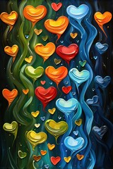 Poster - An abstract artwork displays various hearts in hues of red orange green yellow and blue swirling in dynamic waves against a deep black backdrop evoking a sense of movement and emotion.