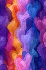 Poster - A vibrant array of soft overlapping hearts in shades of purple orange and pink creates an abstract and artistic composition capturing a feeling of warmth and affection.