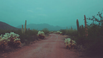 Aufkleber - Serene desert landscape with dirt road surrounded by cacti
