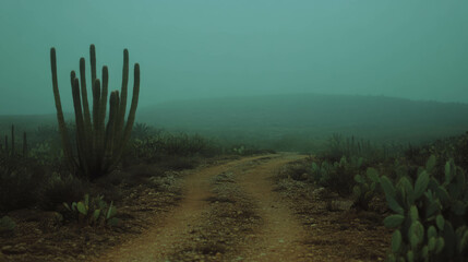 Poster - Serene desert path through cactus field in misty morning light