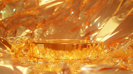 Poster - Luxurious gold podium on cracked glass surface for elegant display design