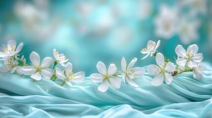Poster - Delicate white flowers are elegantly arranged on soft blue fabric. The calm colors create a tranquil and soothing visual perfect for a peaceful setting.