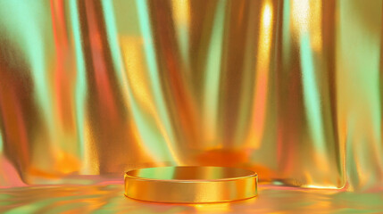Poster - Luxurious gold podium with mirrored surface and shimmering background for elegant display