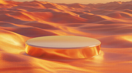 Poster - Golden podium with polished surface on vibrant orange landscape at sunset