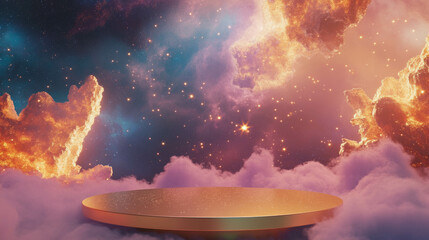 Poster - Gold podium with starry surface in a celestial dreamscape background