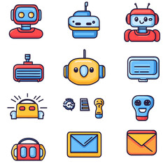 Poster - Cute Robot Icons Set: Cartoon Bots, Technology Elements, Messaging Devices