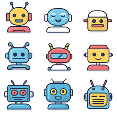 Poster - Nine Colorful Robot Head Icons with Smiling Expressions, Isolated on White