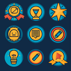 Poster - Award Badges, Chat Bubble, Gold Star and Pencil Icons on Blue Background