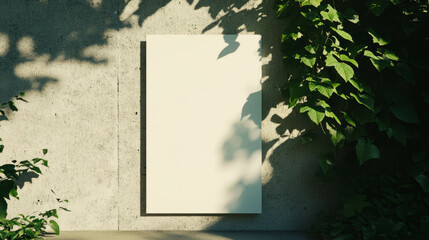 Poster - Minimalist white frame against textured wall with foliage in natural light