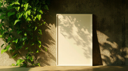 Fototapete - Minimalist interior decor with large white frame against textured wall and greenery