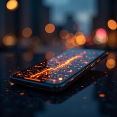 Poster - A smartphone rests on a wet reflective surface showcasing vibrant graphics. Background features blurred city lights creating a dynamic urban atmosphere during twilight.