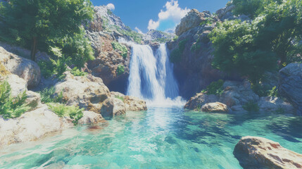 Aufkleber - Majestic waterfall cascading down rocky cliff in serene nature scene