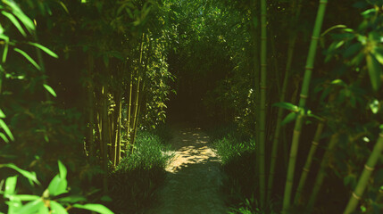 Poster - Serene pathway through lush bamboo forest for nature relaxation and exploration
