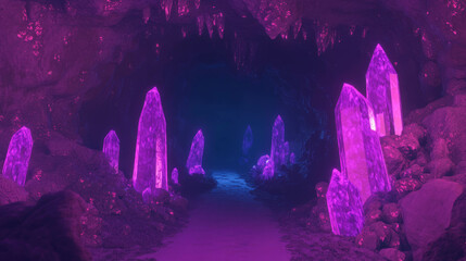 Poster - Enchanted cave path with glowing crystals in a mystical underground setting