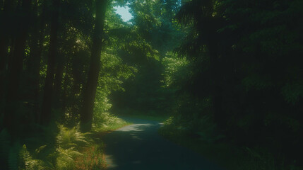 Poster - Serene journey on a narrow road through lush, sunlit forest