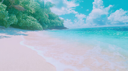 Poster - Tranquil beach scene with white sand and turquoise waters for vacation inspiration