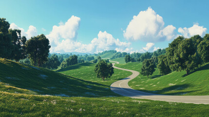 Poster - Peaceful countryside road winding through rolling hills under blue skies
