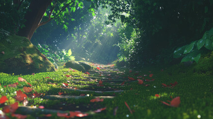 Poster - Serene forest pathway with sunlight streaming through lush greenery