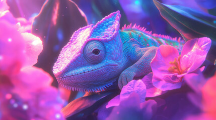 Poster - Colorful chameleon camouflage among vibrant flowers in a fantasy setting