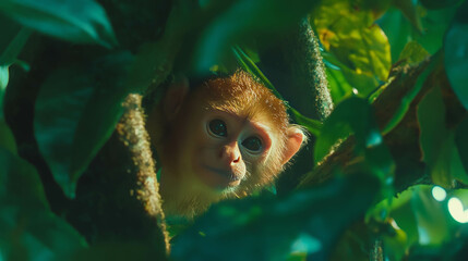 Poster - Curious monkey swinging in lush jungle foliage