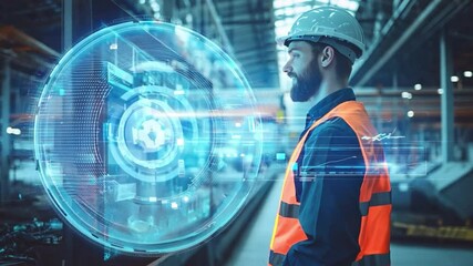 Poster - A male environmental engineer standing in front of an automated waste sorting machine, reviewing data on a holographic display