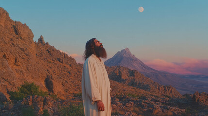 Poster - Serene desert landscape with bearded man under moonlit sky