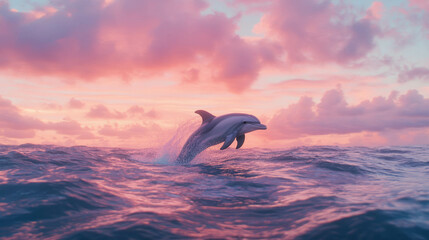 Poster - Playful dolphin leaping from ocean at sunset for marine life appreciation design