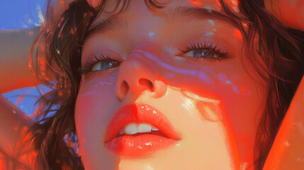 Poster - Gentle expression of a woman in sunlit portrait capturing elegance and serenity