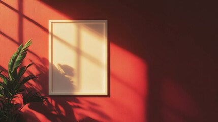 Poster - Minimalistic interior design with crooked white frame on deep red wall