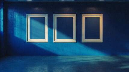 Poster - Elegant triptych display of white frames on blue wall for modern interior design