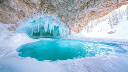Poster - Vast ice cave with shimmering blue ice formations in a winter wonderland
