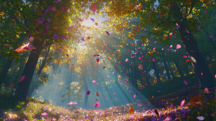 Aufkleber - Vibrant autumn forest with colorful leaves and sunlight rays