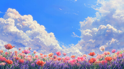 Poster - Vibrant spring flower field under a majestic cloudy sky for nature and garden themes