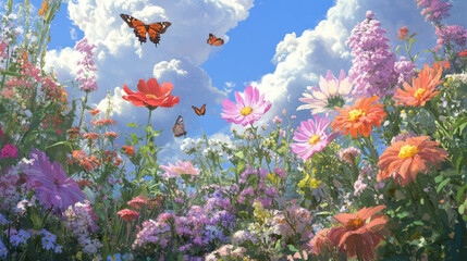 Poster - Vibrant summer garden with colorful flowers and butterflies in bloom