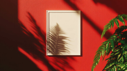 Poster - Minimalist white frame on bold red wall with shadow and green plant