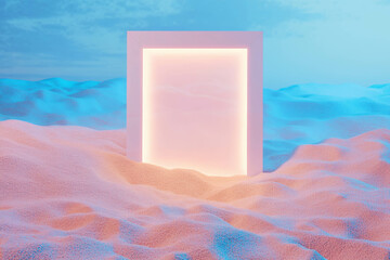 Poster - Futuristic neon frame in desert sand landscape for modern art design