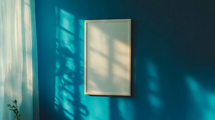 Poster - Minimalist interior with white frame on teal wall and sheer curtain