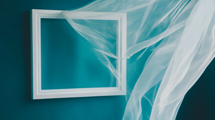 Aufkleber - Minimalist white frame with sheer fabric on aqua background for elegant decor