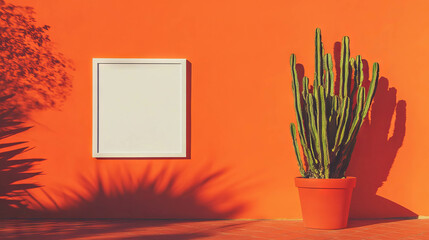 Poster - Minimalist cactus and white frame on vibrant orange wall design for modern interiors