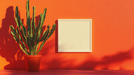 Poster - Minimalist orange interior with cactus and white frame for home design and decoration ideas