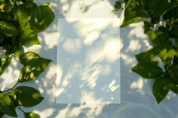 Leinwandbilder - Nature-inspired blank white frame surrounded by green leaves with sunlit shadows