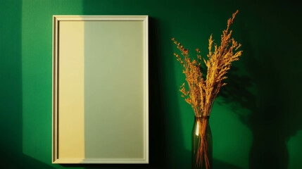 Poster - Minimalist decor with white frame and tall vase on green background