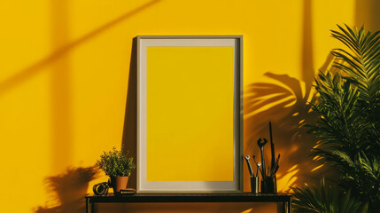 Poster - White frame on dark metal shelf with greenery against vibrant yellow wall design concept