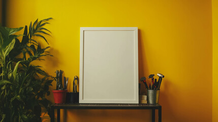 Poster - Minimalist white frame on dark shelf against vibrant yellow wall with decorative plants